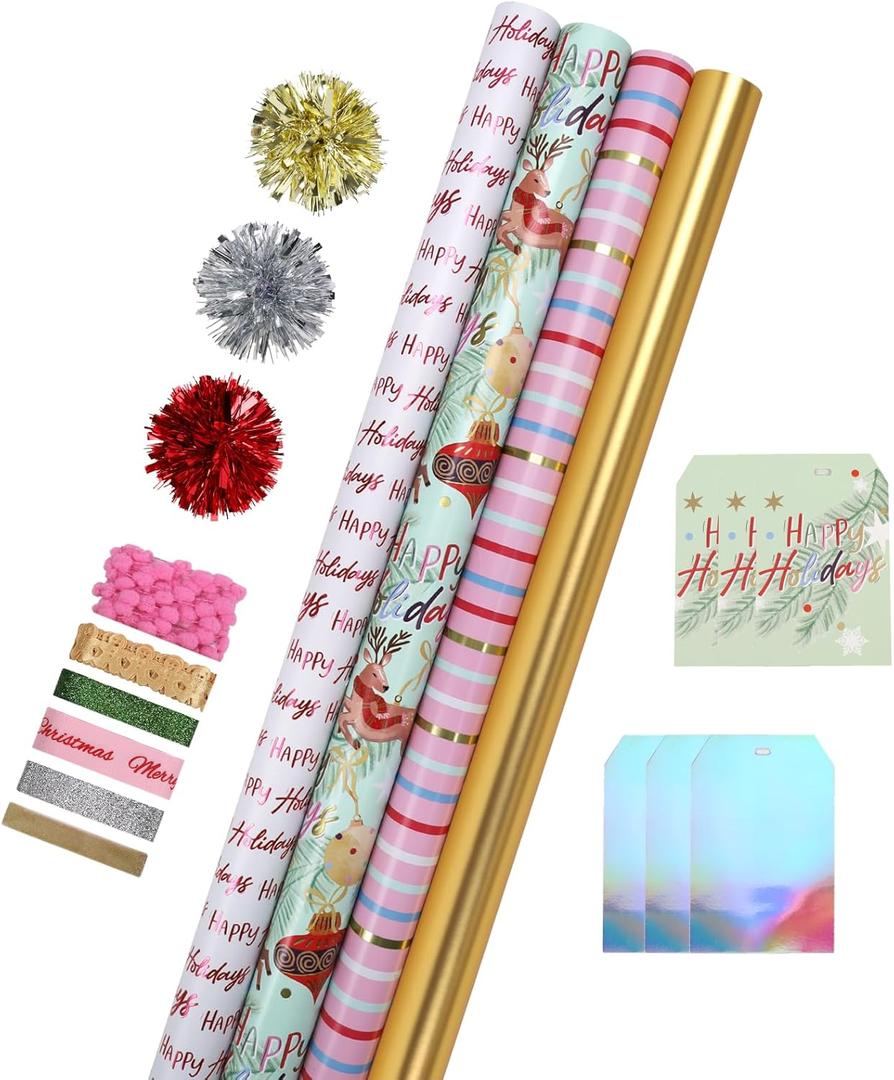 LaRibbons Christmas Wrapping Paper Sets, Classic Reindeer Stripes & Happy Holiday Design with Ribbons & Gift Tags & Metallic Pom Pom for Christmas, Holiday30Inch  10Feet 4 Rolls: 100 Sq.Ft.Ttl