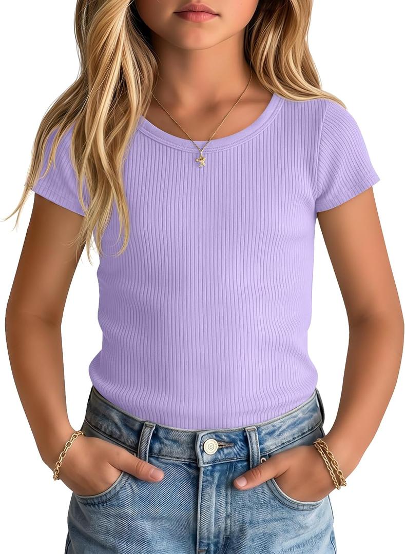 Girls T-Shirt Ribbed Short Sleeve Tops Knit Slim Fit Shirt 13-14 Y Crew Neck Casual Summer Trendy Tees for Youth Teen