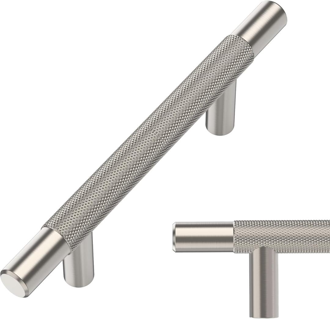 Alzassbg 10 Pack Satin Nickel Cabinet Pulls, 3 Inch(76mm) Hole Centers Knurled Cabinet Handles T Bar Kitchen Pulls for Drawer and Cabinets AL3015SN