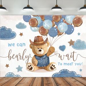 Imirell We Can Bearly Wait Backdrop 7Wx5H Feet Boys Bear Baby Shower Denim Western Cowboy Blue Brown Balloons Polyester Fabric Cartoon Cute Photography Backgrounds Photo Shoot Decor Props Decoration