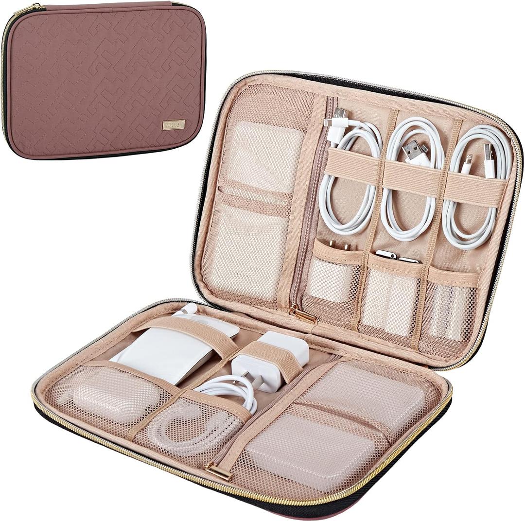 NISHEL Travel Cord Organizer Case, Tech Electronic Bag, Essentials for Charger, Cable, Phone, Hard Drive, USB, SD Card, Rosewood-Pink (Single Layer)