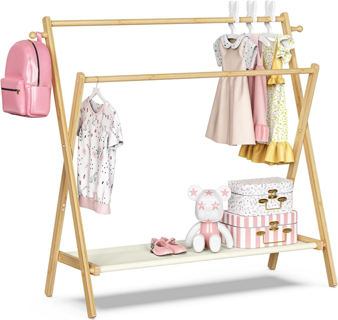 BAMBOOHOMIE Kids Clothing Rack With Storage Shelf & Double Rods, Foldable Dress Up Clothes Rack for Toddler Nursery, Child's Room, 100% Natural Bamboo (Large Size)