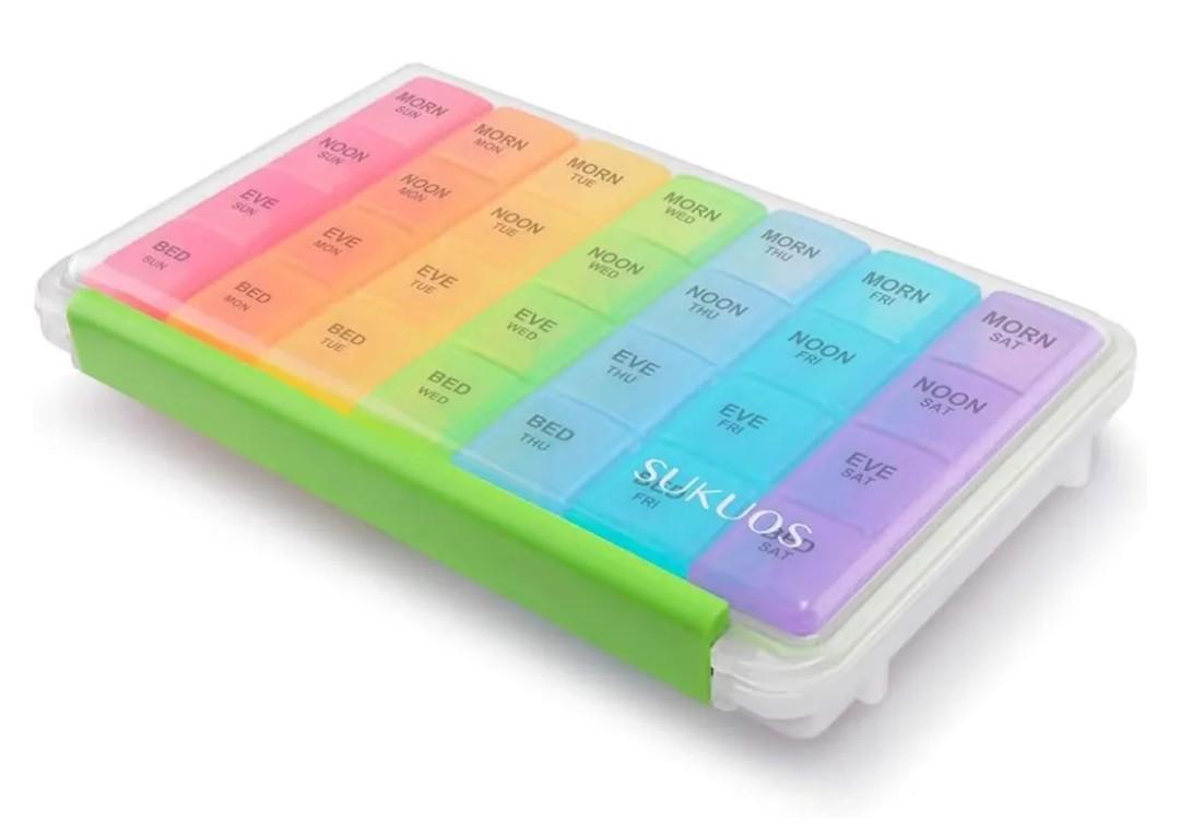 Sukuos Large Weekly Pill Organizer 7 Day (4 Times a Day), Moisture-Resistant Daily Pill Box Medicine Cases for Vitamin/Fish Oil/Supplements - Rainbow Colors