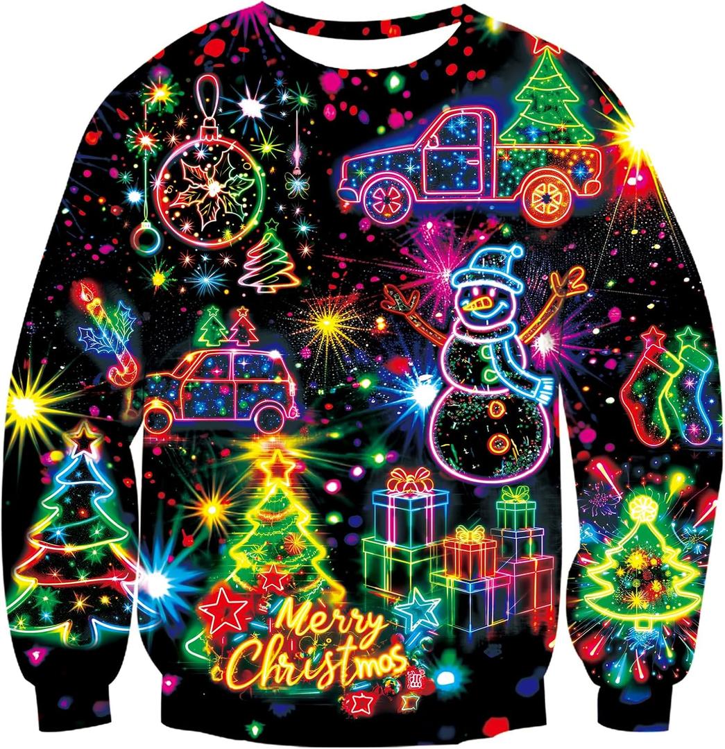 Idgreatim Unisex Ugly Christmas Crewneck Sweatshirt Novelty 3D Graphic Long Sleeve Sweater Shirt (Christmas Tree Snowman)