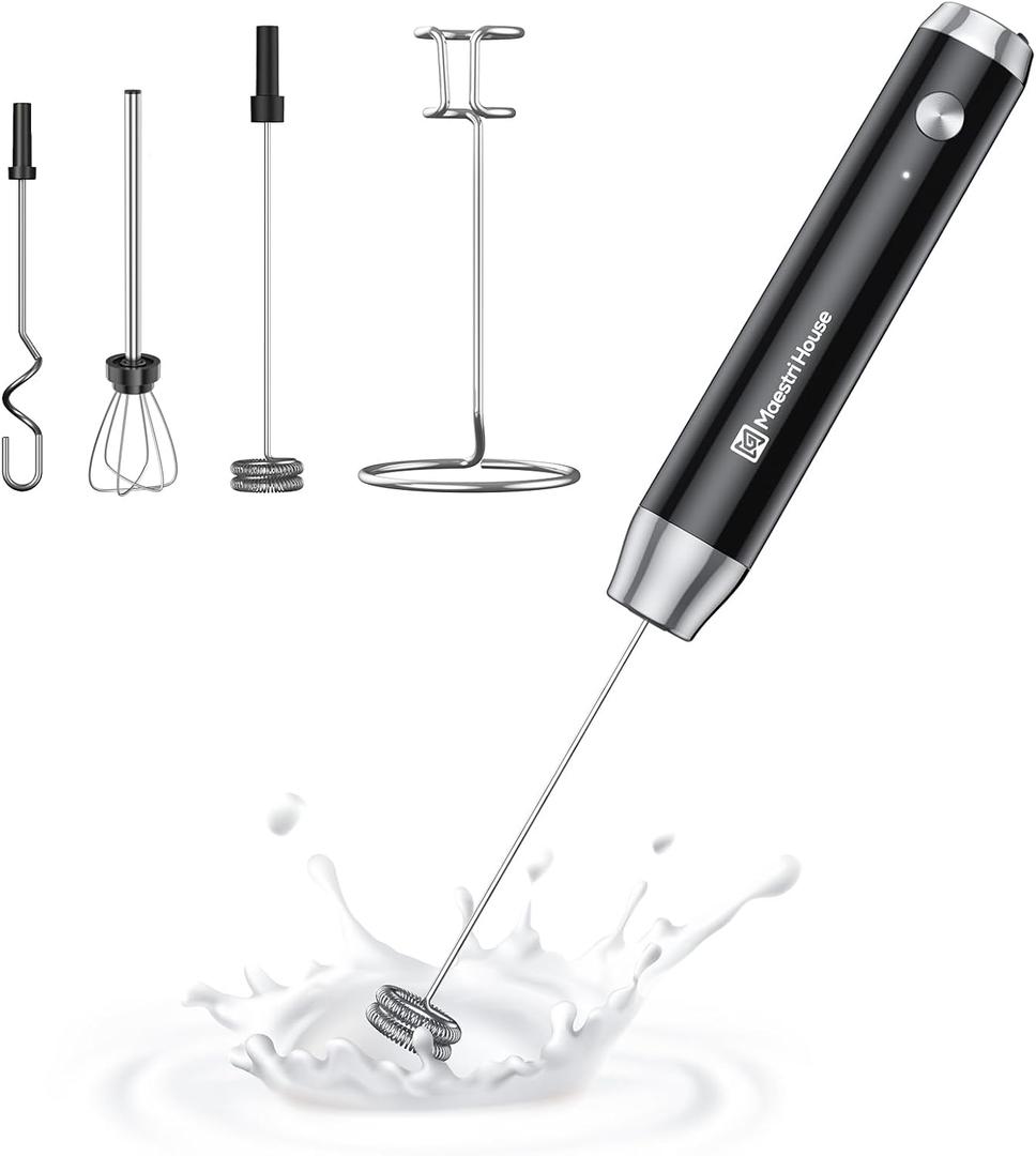 Maestri House Rechargeable Milk Frother with 3 Heads, LunaFro AS Handheld Electric Foam Maker Waterproof Detachable Stainless Steel Whisk Drink Mixer Foamer with Stand for Lattes, Cappuccino, Egg (Black)