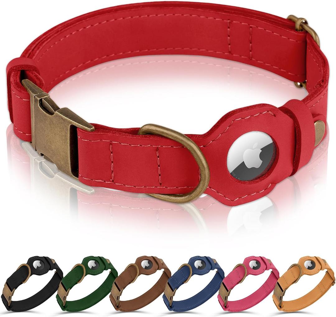 AirTag Dog Collar - Genuine Leather Dog Collar with Apple AirTag Holder and Metal Buckle - Smart GPS Tracking Pet Collars (Red, L, 17"-21" Neck Fit)