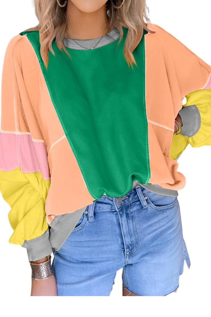 KevaMolly Womens Long Sleeve Tops Dark Green Colorblock Patchwork Exposed Stitching Oversize Top Round Neck Casual Colorblock Pullover L (L)