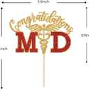 2 x Congratulations MD Cake Topper, Congrats Doctor Grad, Med School Survivor, Medical School Graduation Party Decorations, Gold and Red Glitter