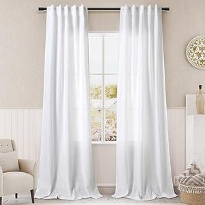 Nanspring Black Semi Sheer Linen Curtains 84 inch Length for Living Room Back Tab Rod Pocket Modern Farmhouse Coastal Decor White Cotton Textured Gauze Curtains for Dining Room Office 38x84 