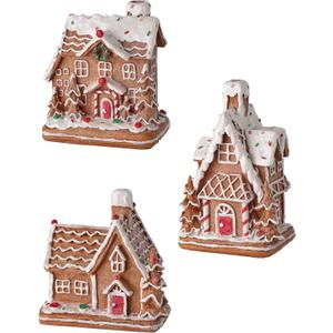 Set of 3 Gingerbread Candy Houses in Clay Dough Resin with Frosted Snow LooK, 5 to 6 Inches Tall, Christmas Village Decor, Brown White