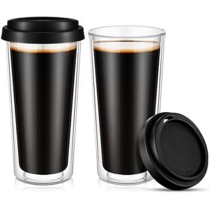 Honeydak 2 Pack 16 oz Double Walled Glass Coffee Mugs with Silicone Lids Clear Insulated Drinking Cups Reusable Glass Iced Coffee Cups for Home Office and Travel