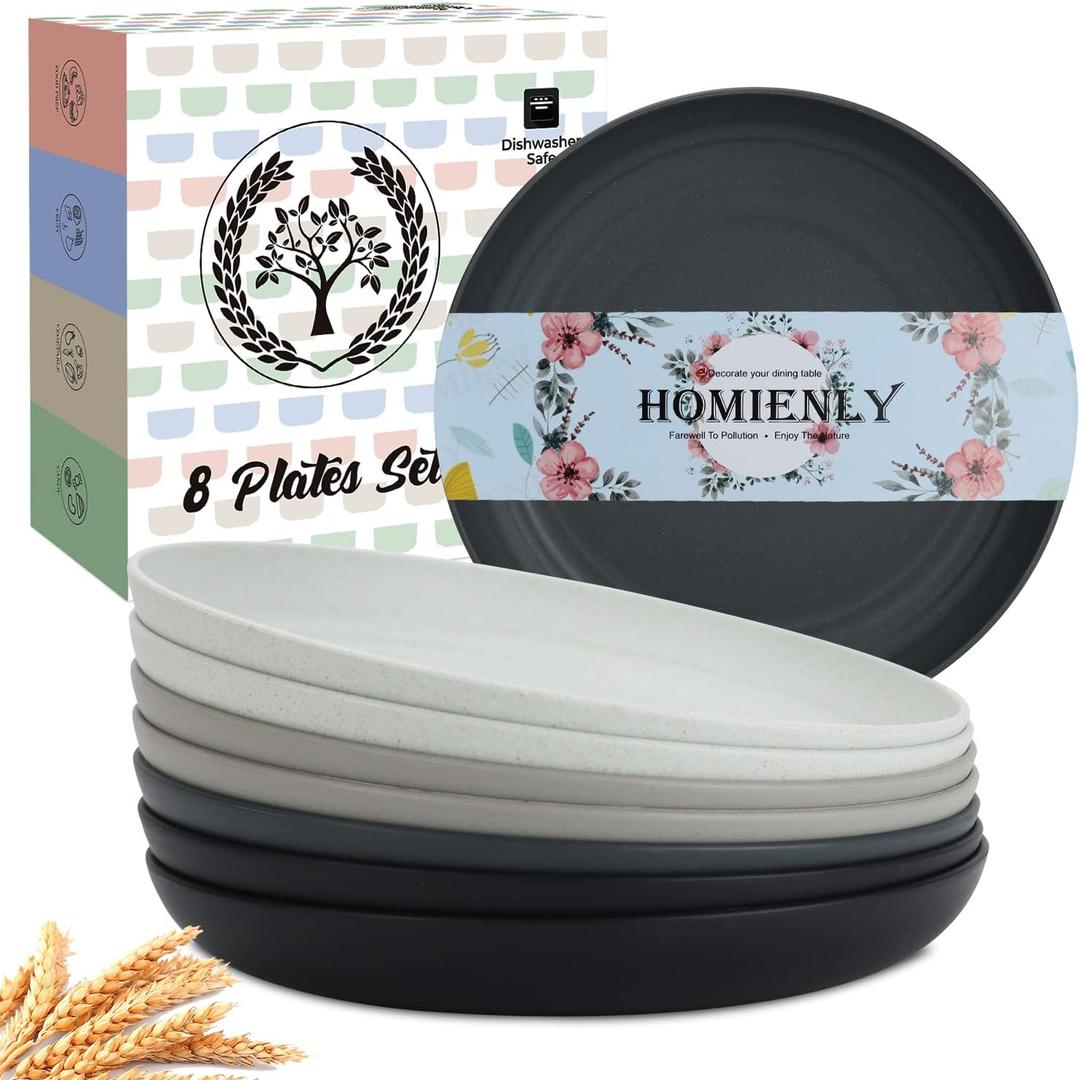 Homienly Wheat Straw Dinner Plates Set of 8-11 Inch, Alternative to Plastic, Microwave & Dishwasher Safe, Unbreakable Kids Plates with 4 Colors (Stone Grey)