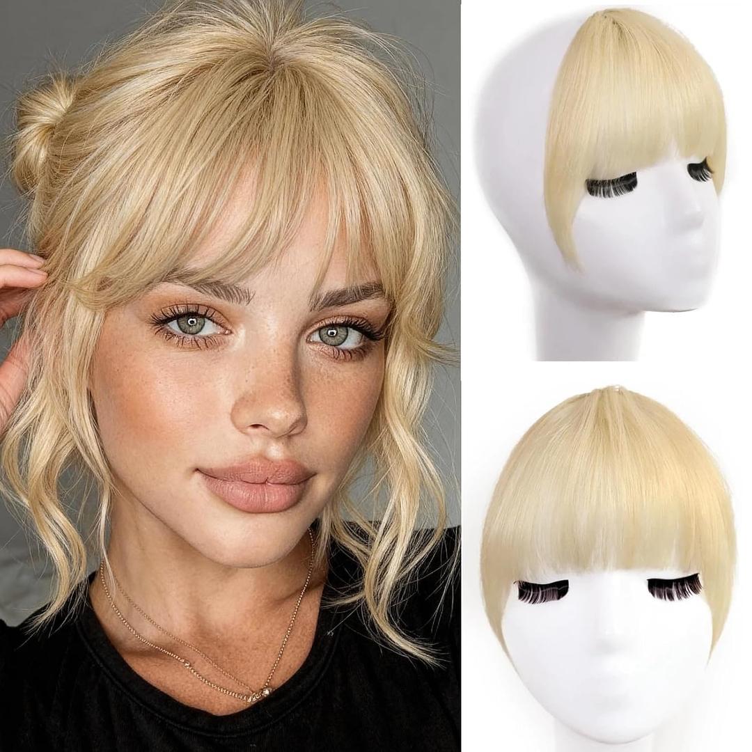 Clip in Bangs 100% Real Human Hair Extensions Invisible Fake Curtain Curved French Fringe Bang with Temples Faux Natural Clips on Hairpieces for Women Girls Party Daily Use Bleach Blonde