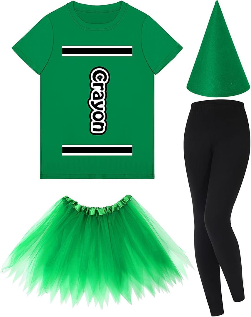 Mepase Crayon Costume Set Crayon T Shirt Tutu Skirt Gnome Cone Hat Leggings for Women Teacher (Medium, Green)