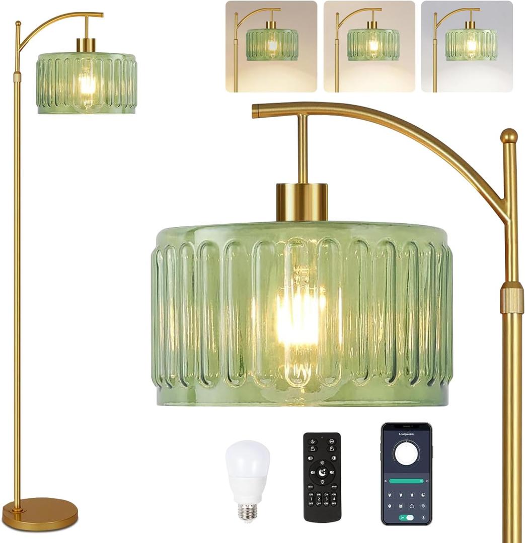 QIYIZM Glass Floor Lamp for Living Room,Bedroom,Gold Dimmable Standing Lamp with Remote,Mid Century Modern Brass Tall Lamp Boho Vintage Retro Floor Lamps Arc Green Flower Floor Light Lamp Bohemian