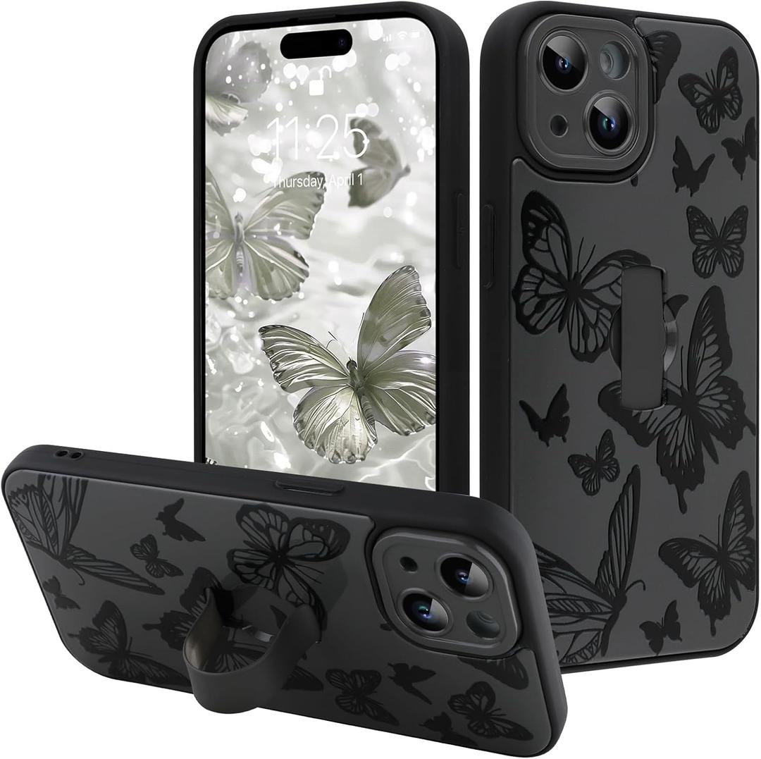 for iPhone 15 Case with Finger Strap Holder, Cute Cool Butterfly Print Pattern Design for Women Men, Shockproof Anti Scratch Hand Kickstand Protective Cover, Gray