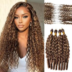 Feather Crochet Human Hair for Black Women Burmese Curly 50 Grams 16 Inch Ombre Brown 4/27 Human Crochet Hair Lightweight Invisible Miracle Knots Crochet Human Hair Bundles with Spiral Curl