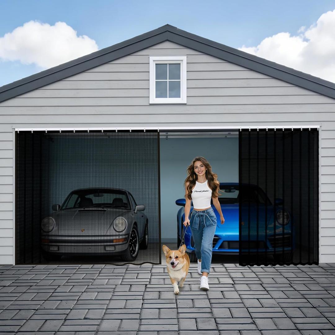 Sliding Garage Door Screen 2 Car with Track Closure,16x7Ft Garage Door Retractable Privacy Curtain Keep Annoying Animals Out Easy Install Heavy Duty Fiberglass Mesh Net for 2 Car Garage B1