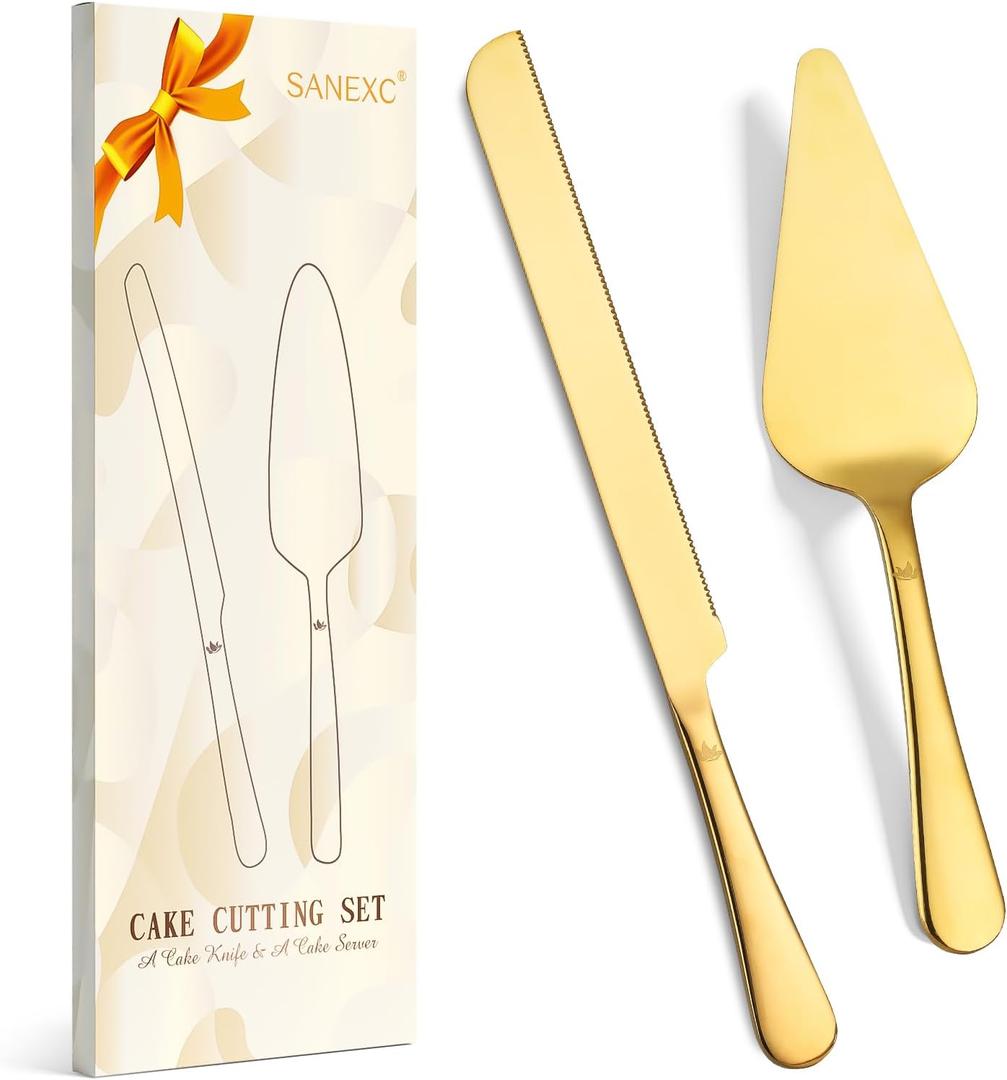 SANEXC Cake Cutting Set for Wedding - Extended Cake Knife And Server Set Thickened Stainless Steel Cake Cutter and Pie Spatula Great for Birthday Anniversary Christmas Gift Gold 2 Pcs