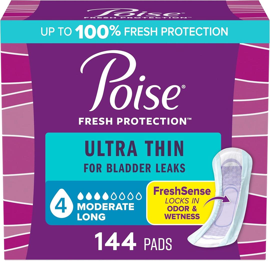 Poise Ultra Thin Incontinence Pads & Postpartum Pads for Bladder Leaks, 4 Drop Moderate Absorbency, Long Length, 144 Count