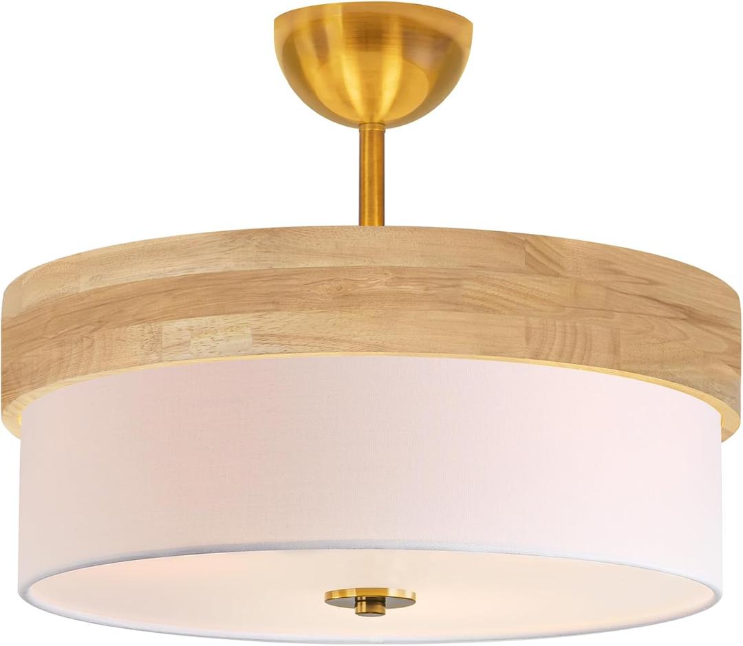 Bargeni 16 Inch Semi Flush Mount Ceiling Light, Modern Wood Drum Ceiling Light Fixture with Fabric Shade, Gold Light Fixtures Ceiling Mount for Living Room, Bedroom, Kitchen, Dining, Hallway,Entryway