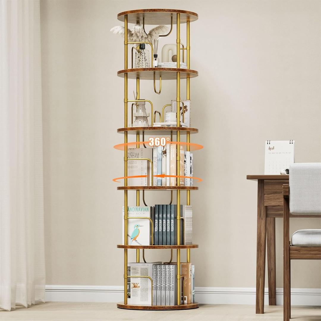 5 Tier Rotating Bookshelf, 360  Display Stackable Spinning Bookshelf Tower, Narrow Space Saving Tall Floor Standing Swivel Bookcase Corner Storage Organizer for Bedroom, Living Room, Gold