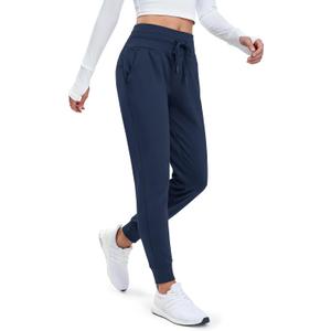 MAGCOMSEN Women's Fleece Lined Joggers High Waisted Water Resistant Thermal Winter Hiking Running Sweatpants with Pockets (Large, Navy)