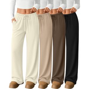 4 Pack Women's Lounge Pants Comfy Wide Leg Yoga Pant Drawstring Loose Baggy Sweatpants Open Bottom with Pockets (Black, Brown, Khaki, Cream)