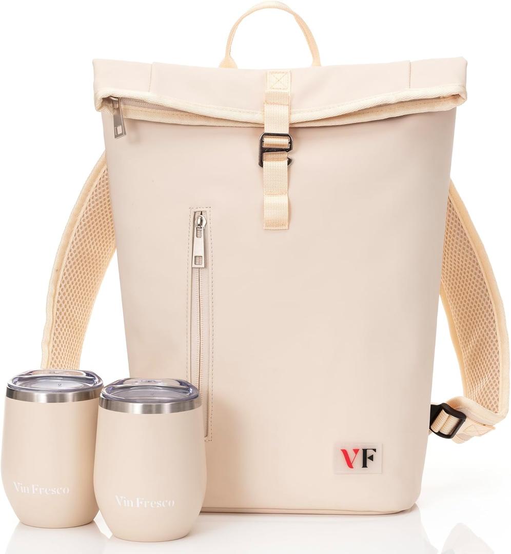 Two Bottle Rolltop Wine Tote Bag  Stylish PU Leather Backpack with Matching Tumblers  Wine Carrier with Padded Straps and Compartments for Travels & Picnics (Beige)