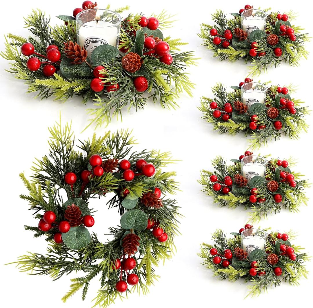 6PCS Christmas Candle Holder Rings Artificial Small Wreath Table Centerpieces Xmas Napkin Rings for Dinner Table Top Decor Christmas Decoration
