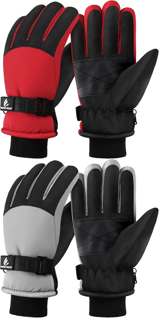 Kids Winter Gloves Waterproof Snow Ski Gloves for Boys Girls Warm Adjustable Accessories for Cold Weather (12-14 Years, Red, Gray)