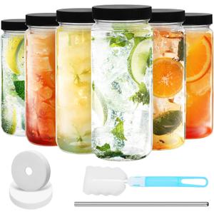 Jarsoph 6pcs 18oz Glass Juice Bottles with Lid, Clear Water Bottle Drink Containers with Caps, Reusable Tall Mason Jar for Drinking, Smoothie and Other Beverages BPA Free 100% Leak Proof Drinking Jar