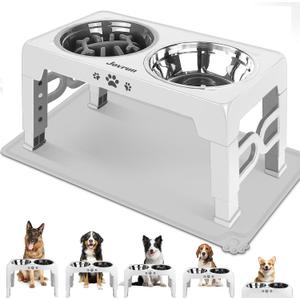Elevated Dog Bowls for Medium Size Dogs with Mat, Non-Slip Dog Feeder with 1*Stainless Steel Dishes & 1*Slow Feeder Bowl, 5 Heights Adjustable Raised Bowls for 3.15-8.66-9.84-11.02-12.2 (White)
