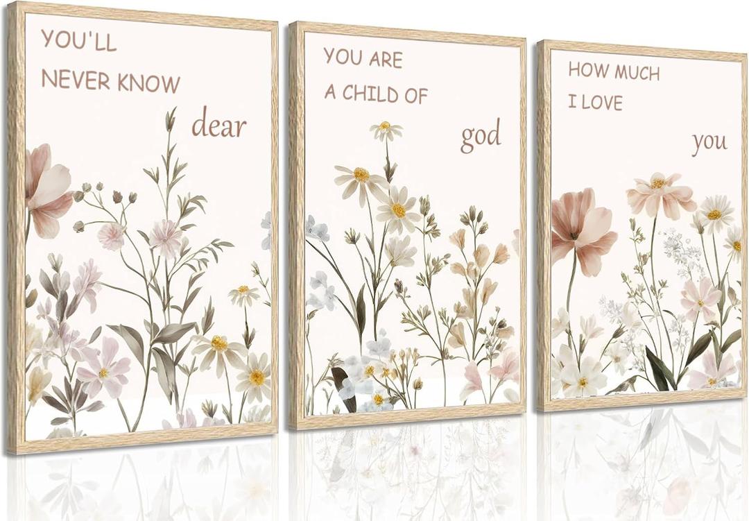 3 Pcs Flower Canvas Wall Art Vintage Floral Sentence Painting Picture Poster, Wildflower Canvas Print Artwork, Boho Girl Nursery Decor for Living Room,Bedroom,Office Wall Decoration (16*24 in(Unframed))