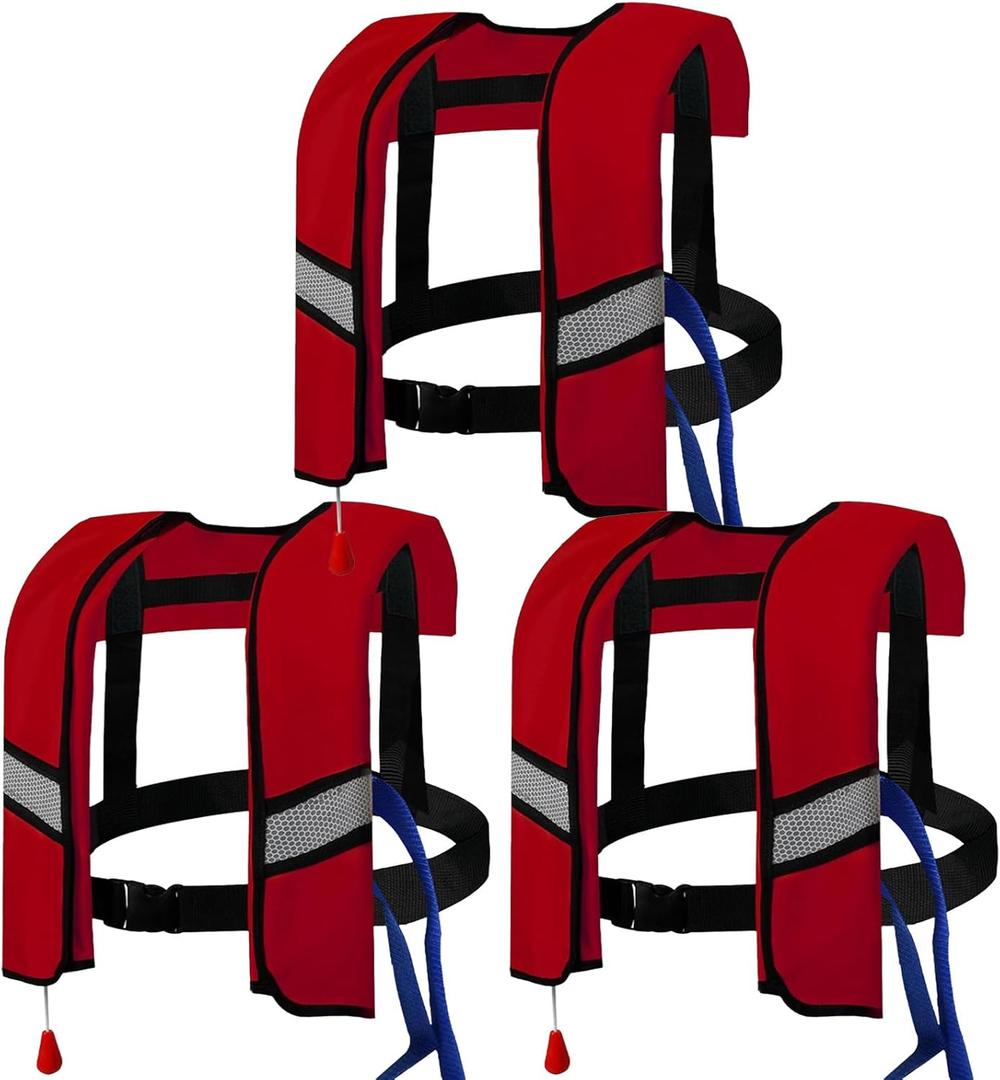 3-Pack 150N Automatic Inflatable Life Jacket Adjustable Nylon Swim Vest with CO2 Inflation, Reflective Strips & Safety Buckle, Adult