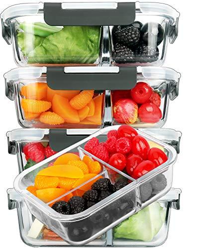 M MCIRCO [5-Pack, 36 oz] Glass Meal Prep Containers 3 Compartment with Lids, Glass Lunch Containers,Food Prep Lunch Box,Bento Box,Microwave, Oven, Freezer, Dishwasher (4.5 Cups)