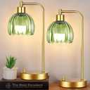 Green Table Lamp Set of 2,Small Glass Bedside Lamps Dimmable Boho Bedroom Lamp with Tulip Flower Lamp Shade,Gold Vintage Mid Century Modern Mini Nightstand Lamp for Bedroom Living Room