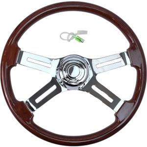 18'' Walnut Wood Steering Wheel with 4 Spokes and 2'' Deep Plated Bracket, Modified Interior Accessory for Semi-Trailers, Compatible with Kenworth, Peterbilt, Volvo, Freightliner Truck（ABS）