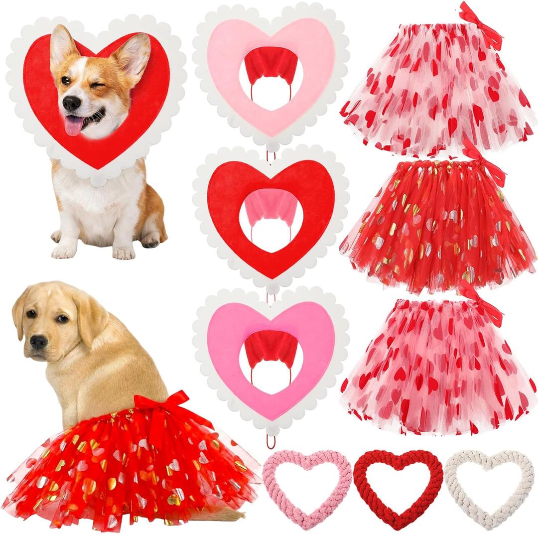9 Pcs Valentines Dog Costume, Dog Valentines Outfit Including Heart Shaped Rope Toy Hearts Pet Hat and Sequin Tutu Skirt for Pet Holiday Birthday Wedding Party(Small)