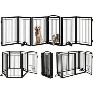 Metal Free Standing Dog Gate with Cat Door for Indoor/Outdoor,120" Extra Wide Foldable Pet Gate,32" Tall Foldable Indoor Dog Fence for Large Openings Stairs,Deck,Yard,Doorways(6 Panels,Black)