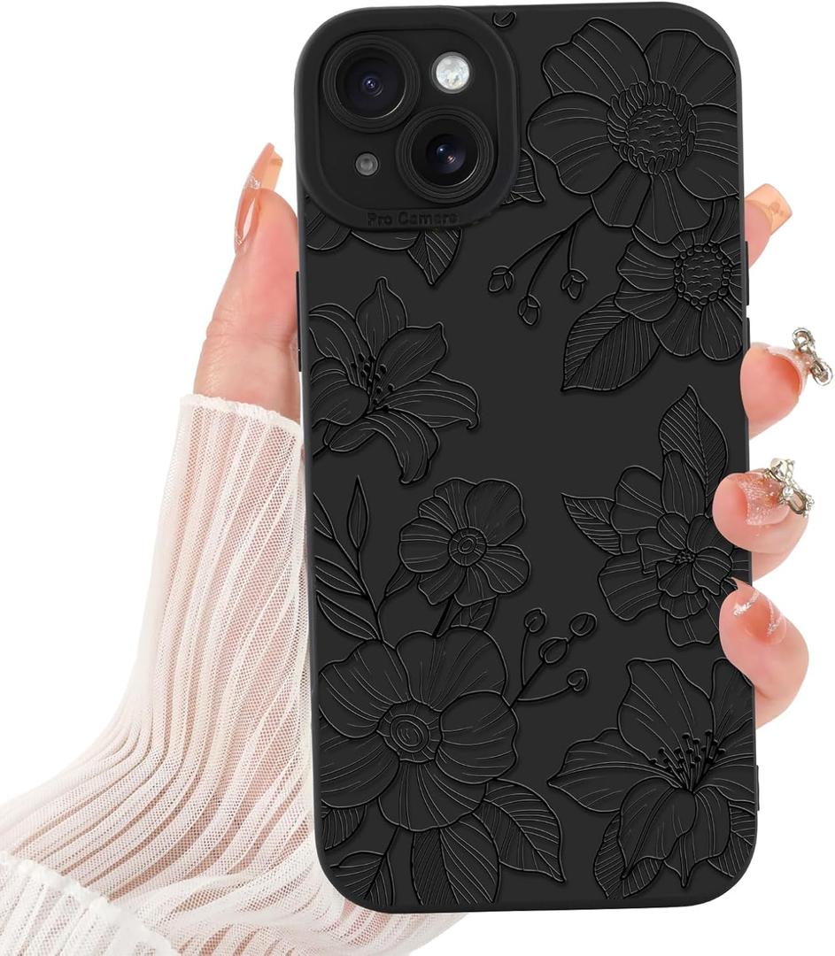 Case for iPhone 14 Plus Cute Flowers for Women Girls Floral Pattern Soft Slim Shockproof TPU Protective Cover,Anti-Scratch Lightweight Durable Design,Black