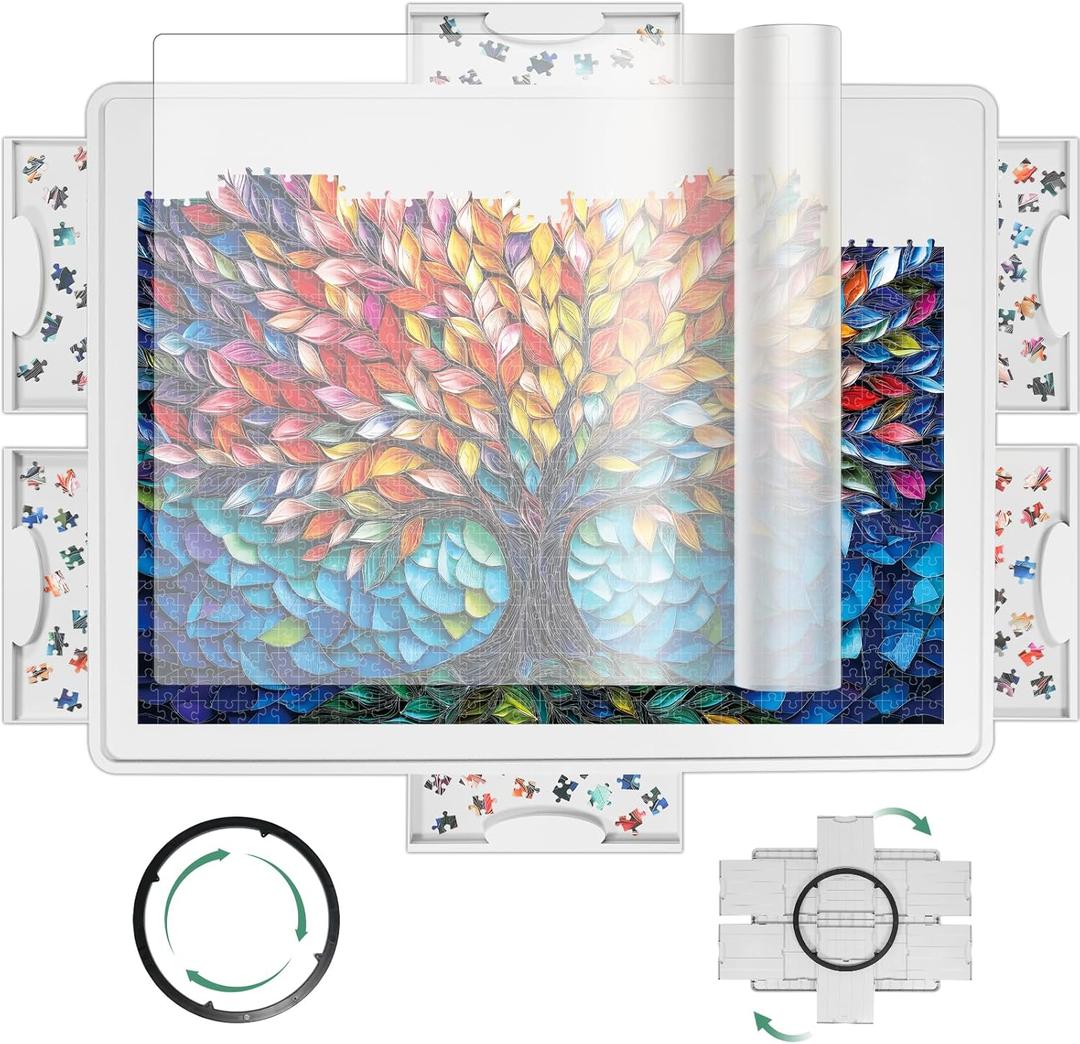 ALL4JIG 1500 Pieces Lightweight Rotating Plastic Puzzle Board with 6 Sliding Drawers and Protective Cover, 360 Lazy Susan Design, 34.25"x26.38" Portable Spinning Puzzle Table for Adults, Ideal Gift