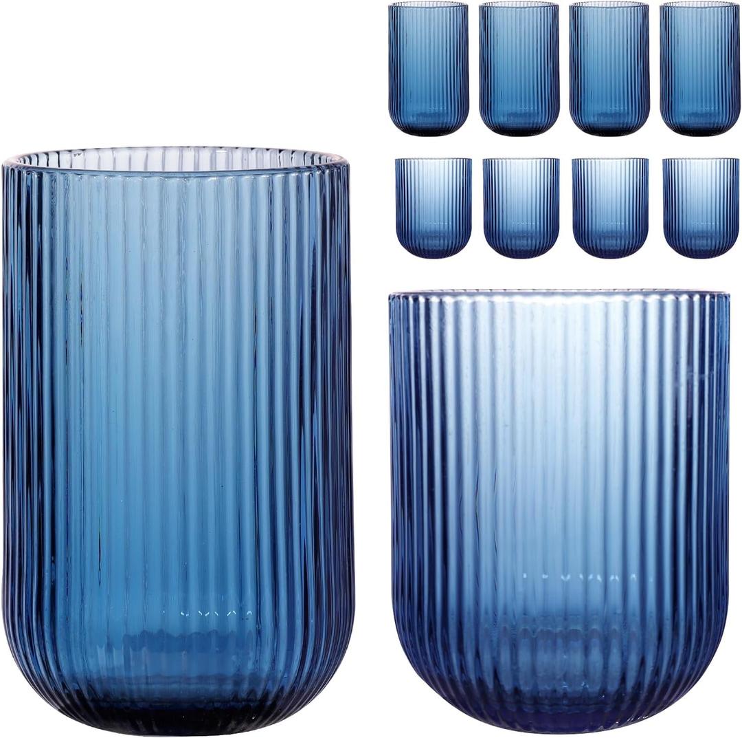 Set of 8 Ribbed Glassware,4 Highball Glasses 14oz & 4 Rocks Drinking Glasses 9oz, Origami Style, Fluted Design, for Milk, Water, Cocktail, Juice, Beer, ToothBrush Cup, Gif (Blue)