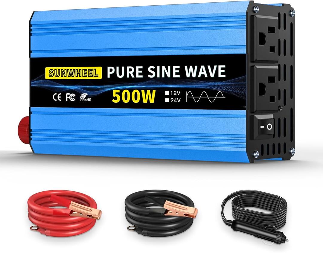 SUNWHEEL 500W 24V Pure Sine Wave Inverter, DC 24V to AC 110V/120V Car Power Inverter, Peak Power 1000W Car Plug Adapter Outlet Converter with Dual AC Sockets and LCD Display