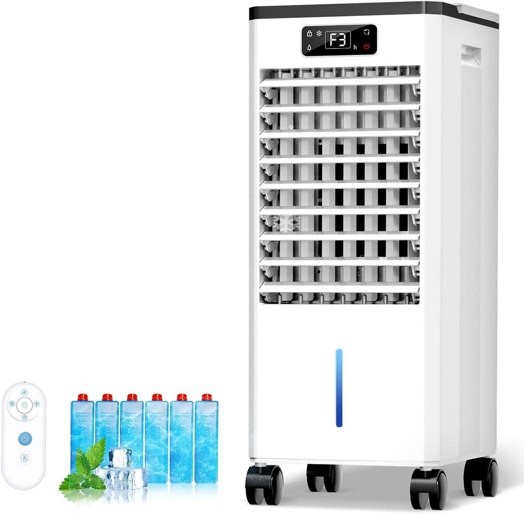 Feculs Portable Air Conditioners No Windows Needed, 3-IN-1 Swamp Cooler, Evaporative Air Cooler, 4 Modes & 3 Speeds, 2-Gal Water Tank for Long Cooling, Max 20 FT/S Remote Control, 12 Hours Timer, Medium