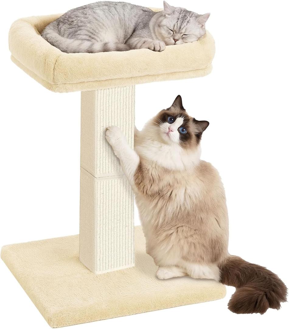 AGYM Cat Scratching Post, 32Cat Scratcher with Large Plush Perch, Sisal & Carpet Scratching Post, Vertical Posts with Elevated Bed for Indoor Cats, Removable& Washable Cover, Beige