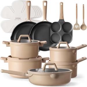 CAROTE 19pcs Nonstick Cookware Set, Pots and Pans Set Non Stick, kitchen Cooking Set, Premium Induction Cookware, Frying pan, Large Capacity Granite, Brown