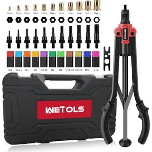 WETOLS 17" Rivet Nut Tool, Hand Rivet Tool Kit with 11 Metric & SAE Mandrels M3 M4 M5 M6 M8 M10 M12, 10-24, 1/ 4-20, 5/ 16-18, 3/ 8-16, 110pcs Rivnuts, Sturdy Case Packed, Auto Release Nut Design, WE-896