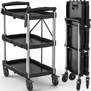 DWVO 3-Tier Folding Utility Cart, Foldable Service Cart Heavy Duty Collapsible Rolling Cart with 360 Swivel Wheels and Brake, 350LBS Load Capacity Portable Utility Cart for Kitchen, Warehouse, Garage