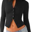 Womens Long Sleeve Tops Fall Lightweight Cardigan Cropped Going Out Shirts Ribbed Button Down Cute Trendy 2025 (Medium, Black)